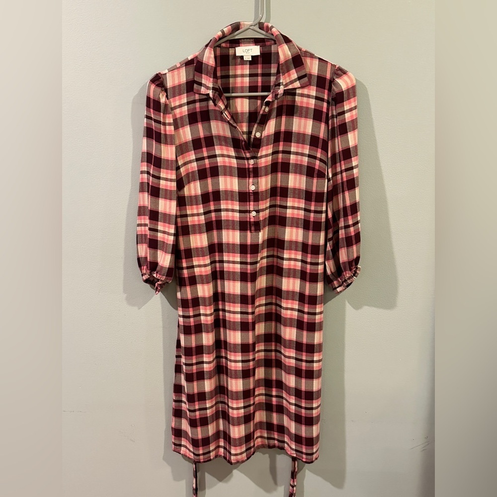 LOFT Outlet Plaid Shirt Dress Small Tie Waist Burgundy Pink
